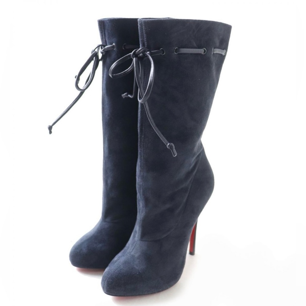 NIB Christian Louboutin Valentine 120 Slouch Suede Mid-Calf Boots–Dark Navy 35.5
